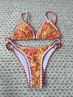 SHEIN Yellow and Red Paisley Triangle Bikini